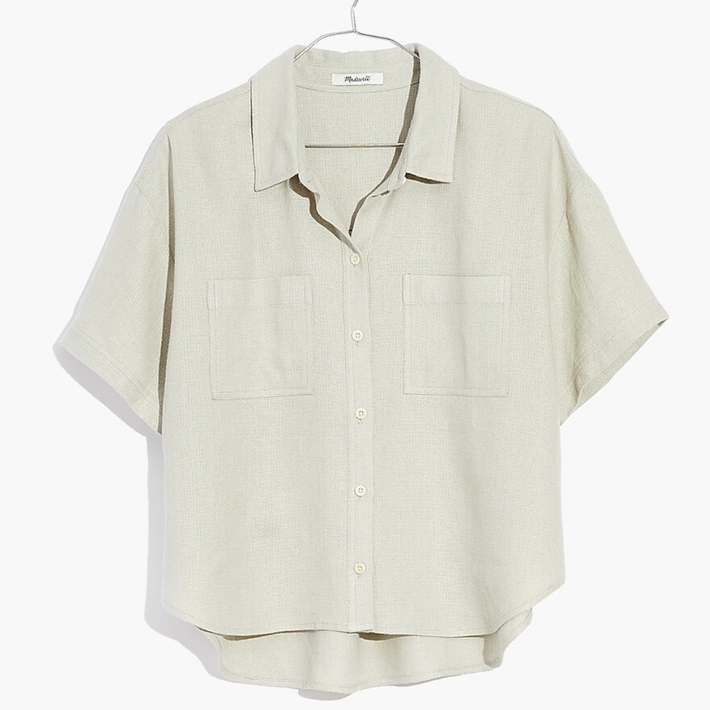 Madewell Womens Large Linen Button Front Short Sleeve Top Cream Safari Tan